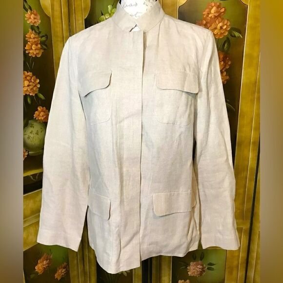 Kate Hill Women's Beige Tan 100% Irish Linen Button Down Long Sleeve Top - Sz 10 - Picture 1 of 7